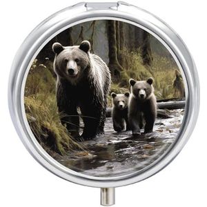 Mother Bear and Her Pill Box 3 Compartiment Kleine Pillendoos met Spiegel voor Portemonnee & Pocket Travel Medicine Organizer Dagelijkse Medicatie Container Draagbare Pillendoos Metalen Medicijndoos