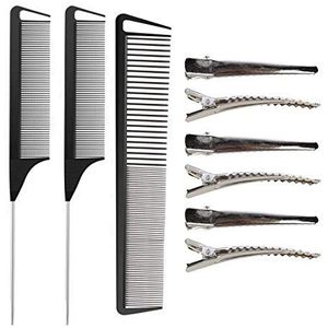 Rat Staart Kammen Set, 3 Pack Kapper Styling Kammen Kappers Kam Brede en Fijne Tanden Kam Koolstofvezel en Roestvrij Staal Pintail Kam met 6 Metalen Alligator Curl Clips voor Vrouwen Meisjes door RuiChy