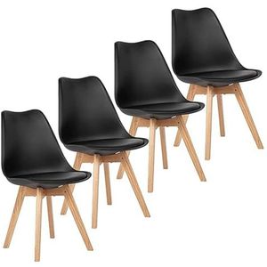 Stoelen in Scandinavische stijl, set van 4, eetkamerstoelen, PU-leer, kussens, beukenhouten poten, zijstoelen, krukken met rugleuning voor keuken, lounge, kantoor Schwarz