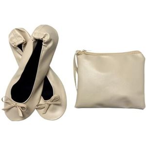 Opvouwbare draagbare ballerina's voor dames, zachte zool, oprolbare pantoffels, instappers, comfortabele platte schoenen voor reizen, bruiloft met tas, opvouwbare platte schoenen voor dames, Beige,