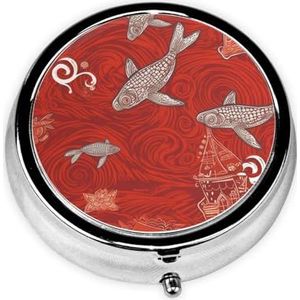 Pillendoosje met spiegel, retro pillendoosje met 3 compartimenten, rode zee, dier, kleine pillenorganizer voor portemonnee of zak, decoratieve metalen medicijnen, vitamine-organizer, unieke geschenken