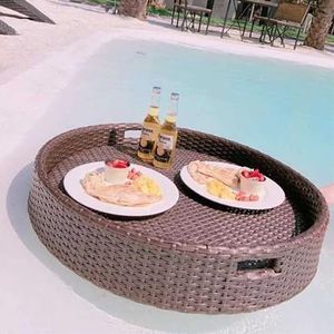 pallet， Drijvende dienblad van rotan, ontbijt, drijvende serveerschaal, luxe ontbijtvilla, zwembaddienblad for feestmaaltijden, catering, wit(Brown)