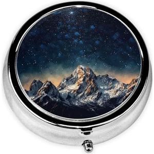 Pillendoos 3 compartimenten ronde pillenorganisator sterrennacht de bergen pillendoosje voor portemonnee draagbare reizen pillendoos metalen kleine pillencontainer voor dagelijks medicijnsupplement