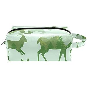 Groen olifant patroon waterdichte cosmetische tas voor vrouwen meisjes, lederen toilettas met handvat en rits, draagbare vierkante make-up tas