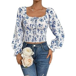 dames topjes Crop blouse met geknoopte voorkant en volantmouwen met bloemenprint (Color : Blue, Size : Small)