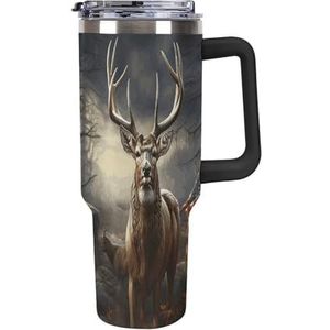 FHESDCW Hertenjachtseizoen grote capaciteit autobeker 40 oz roestvrijstalen beker met handvat geïsoleerde waterfles met rietje en deksel bedrukte mokken past in bekerhouder