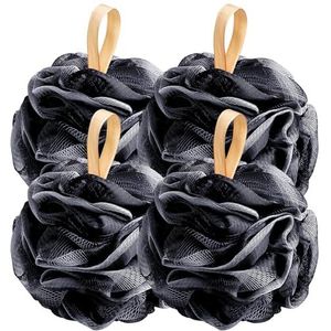 Fishent Badsponzen, 4 stuks 50 g/stuks zachte net body scrubber spons bal, duurzame mesh poef loofah spons body wash bladerdeeg (zwart)