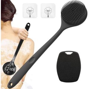 Bagageborstel met lange handgreep, siliconen body scrubber voor mannen, body scrubber voor douche met lange handgreep, exfoliërende natte of droge badborstel voor mannen en vrouwen (zwart)