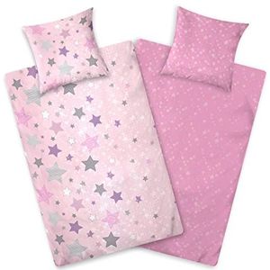 Aminata kids Beddengoed flanel, sterren, roze, 135 x 200 cm, kinderen, katoen, sterrenmotief, ritssluiting, warm en behaaglijk, flanellen winterbeddengoedset, omkeerbaar beddengoed, roze/wit