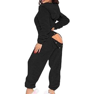 Dames Onesie Pyjama Jumpsuit Uit Één Stuk Met Capuchon, Butt Button Back Flap Thermal Union Suit Bodysuit Nachtkleding,Zwart,S,HaoAMZ