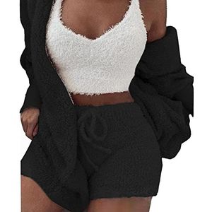 Yuehuamech 3 stuks dames pyjama's hoodies fleece sexy loungewear outfit gebreide cardigan vesten shorts set nachtkleding pyjama jongens nachtkleding voor binnen buiten