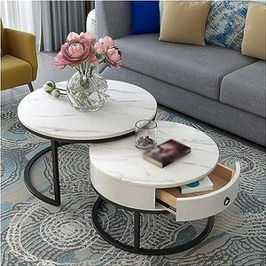 Moderne woonkamer salontafel set van 2 ronde nesttafels met lade compacte opslag nesttafel bank bijzettafel voor woonkamer slaapkamer thuiskantoor (kleur: A, maat: 60 x 45 cm+45 x 40