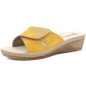 inblu Damessandalen met strass-steentjes en verstelbare klittenbandsluiting, voetbed van echt leer, maat 35 tot 41, sandalen, geel, maat 37 EU, Geel, 37 EU