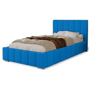 MARPUR POLSTERBED Alma 80x200 cm, bed met hoofdeinde, tweepersoonsbed met bedlade, lattenbodem en matras van hout, veloursstof: blauw