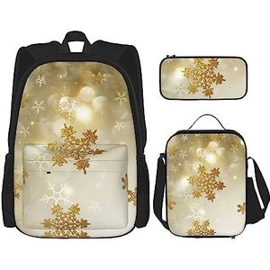 TOMPPY Gouden Zijde Kerst Gedrukt Rugzak Met Lunch Bag Potlood Case, 3 in 1 Rugzak Set, Zwart, Eén maat, Schooltas Set
