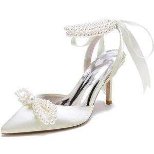 EICOFF Vrouwen Hoge Hakken Slingback Pumps Gesloten Teen Bruiloft Schoenen Satijn Parels Enkelriem Dames Bruids Partij Jurk Sandalen,ivoor,35 EU