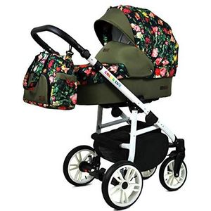Kinderwagen 3 in 1 complete set met autostoeltje Isofix babybad babydrager Buggy Colorlux White van ChillyKids Roses Tulips on Black 3in1 (inclusief autostoeltje)
