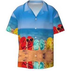 Flip-Flops On A Sandy Beach Print Heren Overhemden Atletisch Slim Fit Korte Mouw Casual Business Button Down Shirt, Zwart, XXL