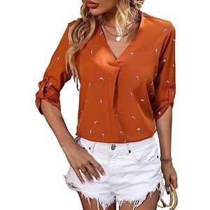 dames topjes Blouse met oprolbare mouwen en grafische print (Color : Burnt Orange, Size : M)