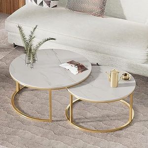 Moderne woonkamer salontafel nest salontafel ronde set van 2, marmeren textuur stapelbare salontafels, moderne accent bijzettafel, woonkamer sofa tafel, metalen frame eenvoudige montage (kleur: wit