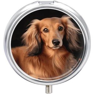 Langharige teckel Gedrukt Pillendoosje Pillencontainer Draagbare Geneeskunde Pil Case Metalen Reizen Pillendoos Vitamine Container met 3 Compartimenten Geneeskunde Case