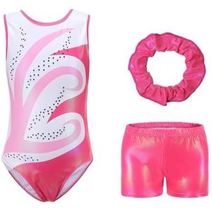 Gymnastiekpak Gymnastiek Trainingspak Body-Shorts Hoofdband Meisjes Mouwloos Jersey Gedrukt Patchwork Body Dance (Kleur: Roze, Maat: 9-10)