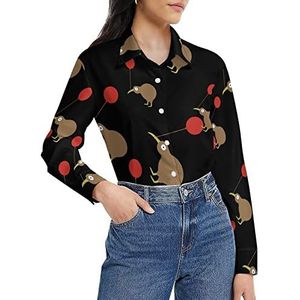Kiwi Bird damesshirt met lange mouwen en knoopsluiting, casual werkshirt, tops, XL