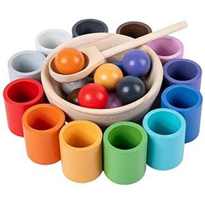 Ballen in Cups Montessori Toy,Houten kleur sorteren speelgoed,12 Rainbow Ball met houten koppen,Peuter leren activiteiten bal zintuiglijk speelgoed,Nummers tellen speelgoed voor het leren van onderwijs Games