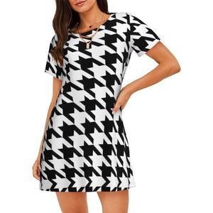 GXUNGT Zwarte damesbadjas met pied-de-poule, korte mouwen, nachtkleding met korte mouwen, zacht en comfortabel, voor thuis en buiten, Zwart, S