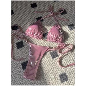 AMENGJ Bikini Dames Set PU Lederen Halter Mini Tanga Bikini Dames Badpak (Roze, S)