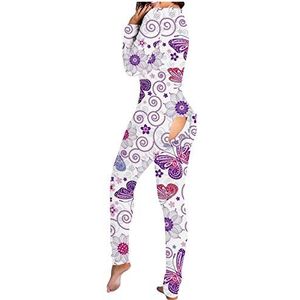 Sexy voor Vrouwen Valentijnsdag Lange Mouw Pyjama Jumpsuit V-hals Button-Down Een Stuk Nachtkleding Vrouwen Vlinder Diepe V-hals Butt Flap Pyjama Bodysuit Grafische Een Stuk Rompertjes, Paars, S
