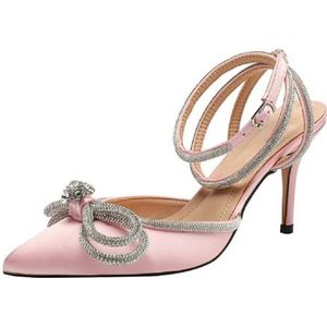 Liuyuetao Dames stiletto hoge hak jurk pumps kant teen enkelriem comfortabele mode sexy sandalen strass strik satijn bruid bruiloft schoenen, roze, 38 EU