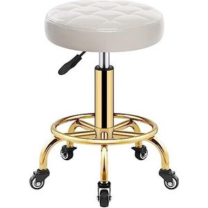 Barkrukken Rolling Barkruk PU Lederen Ronde Zitting Kantoor Werkkruk Met Metalen 5 Klauwen En Zwenkwielen Verstelbaar 46-61cm Barstoel Bistrokruk (Color : White, Size : 42 * 61cm)