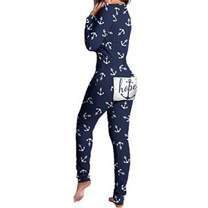Guiran Eendelige pyjama voor dames, eendelig, diepe V-hals, knoop aan de achterkant en flap, jumpsuit, pyjama, turnpakje, jumpsuit, Marineblauwe hoop, M