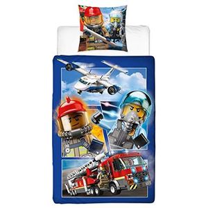 Lego City-figuren, set voor kinderen, jongens, kinderbeddengoed, politie en brandweer, 2-delig, kussensloop 80 x 80 cm + dekbedovertrek 135 x 200 cm, 100% katoen, Duitse maat