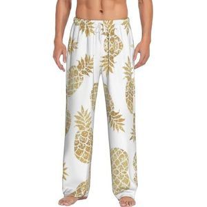 Gouden Ananas Achtergrond Mannen Lange Lounge Wear Broek Nachtkleding Pyjama Bottoms Nachtkleding Nachtkleding Met Zakken En Trekkoord, Wit, S