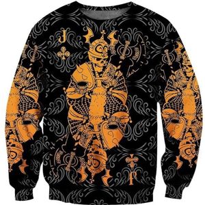 Nieuwigheid Viking Skull Battle Axe Hoodie, Heren 3D Digitale Totem Print Hiphop Rock Streetwear, Stijlvolle Lange Mouw Trekkoord Grote Zak met Rits(Color:Round Neck,Size:3XL)