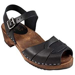 Lotta From Stockholm Zweedse sandalen, clogs met lage hak, lage hak, clogs met elzenbruine houten basis en bovenmateriaal van echt leer in zwart, zwart, 42 EU