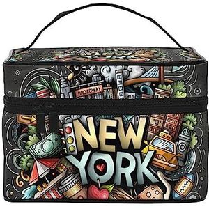 Vlinder bloemen afdrukken make-up tas,Draagbare cosmetische tas,Grote capaciteit reizen make-up case organizer, Cartoon Leuke New York Amerikaanse themakunst, Eén maat