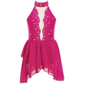 AMENGJ Turnpakje Glanzende Strass Ballet Dansjurk Gymnastiek Panty Open Rug Onregelmatige Zoom Rok Dans Jurk, roze, 14