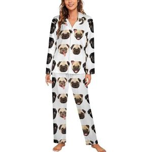 Zwart Geel Bulldog Vrouwen Lange Mouw Button Down Nachtkleding Zachte Nachtkleding Lounge Pyjama Set M