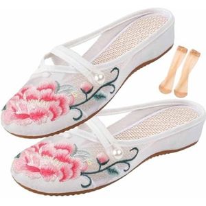 Chinese Mesh Slippers Voor Vrouwen, Floral Jacquard Mesh Chinese Sandaal Slippers Ademend Met Sokken (Color : White, Size : 39 EU)