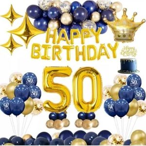 FeestmetJoep 50 jaar feestpakket Blauw / Goud 50-delig - 50 jaar verjaardag - 50 jaar verjaardag versiering - 50 jaar slingers - 50 jaar ballonnen - Feestversiering voor man & vrouw Blauw / Goud