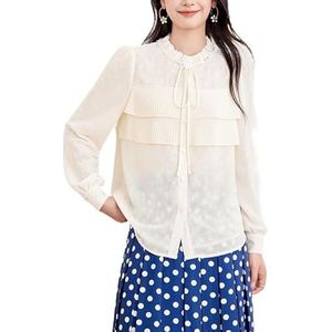 ROUZIHU Dames Lange mouwen Chiffon Shirt Slanke Ronde Hals, Knoopsluiting Slanke Temperament Kleine Shirt Dames Shirt(Beige,XXL)