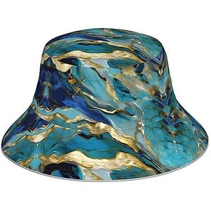 Mooie Italië Print Bucket Hat voor Vrouwen en Mannen Packable Reizen Zomer Strand Hoed Zonnehoeden Wandelen Hoed, Azuriet Teal en Folie Gouden Olie Marmeren Patroon, one size