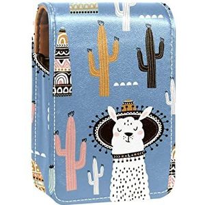 Draagbare Lipstick Case voor op reis, Mini Lipstick Opbergdoos met spiegel voor dames dames, Lederen cosmetische etui Alpaca Cactus, Meerkleurig, 9.5x2x7 cm/3.7x0.8x2.7 in