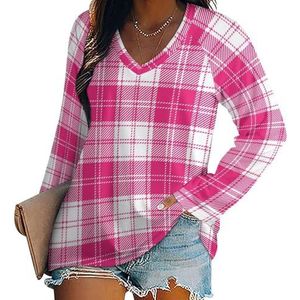 Roze en witte tartan geruite dames casual T-shirts met lange mouwen V-hals bedrukte grafische blouses T-shirt tops M
