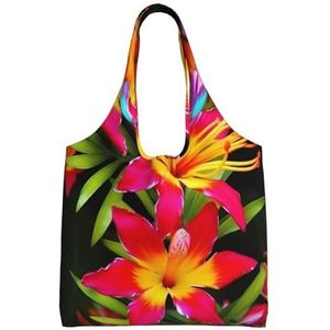 RLDOBOFE Hawaiiaanse Kleurrijke Bloem Print Canvas Tote Bag Voor Vrouwen Esthetische Boodschappentassen Schoudertas Herbruikbare Boodschappentassen, Zwart, One Size
