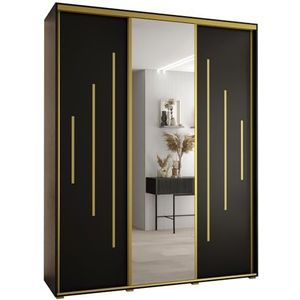 MEBLE KRYSPOL Davos 13 200 Kledingkast met drie schuifdeuren voor slaapkamer - Moderne Kledingkast met spiegel, kledingroede en planken - 235,2x200x45 cm - Zwart Zwart Goud