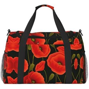 Poppy Bloemen Print Hand Draagtas Opvouwbare Carry On Stijlvolle Tote Voor Vliegtuig Weekend Uitstapjes Tas, Zwart, Eén maat